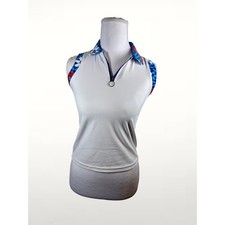 Marie Birdie Womens 2XS Zip Golf Polo White Sleeveless Floral Mod Retro 70s Top