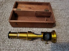 Antique Brass Field Microscope Wood Box Vintage