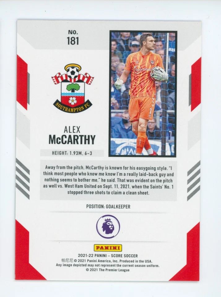 2021-22 Alex McCarthy Panini Score Black Lasers Southampton Soccer Card 1/1 - Image 2 of 3