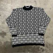 Vintage GAP Snowflake Mock Neck Sweater Womens Medium Black White Fair Isle 80s