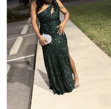Dark Green Sequin One Shoulder Formal Gown with Slit and Silver Clutch