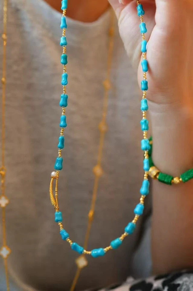 Natrual бирюзовый синий глазурь ожерелье бусины 5,5 мм 18K золото с удлинитель цепочка - Изображение 4 из 4