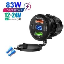 12V-24V PD  QC3.0 Dual USB Car Fast Charger Power Socket Outlet LED Voltmeter