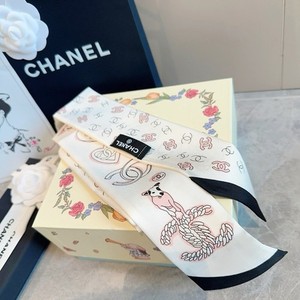 Chanel Women's Beige CC Printed Silk Scarf Hair Neck Tie With Gift Box