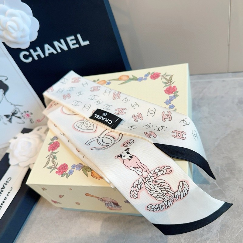 Chanel Women's Beige CC Printed Silk Scarf Hair Neck Tie With Gift Box