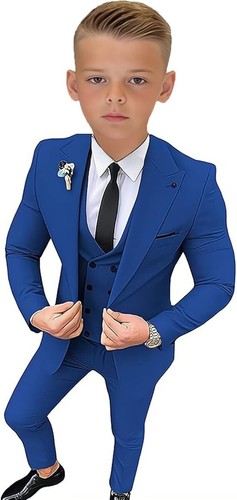 Boy's Suits Peak Lapel Formal Wedding Groom Flower Ring Bearer Tuxedos 3 Pieces - Picture 27 of 27