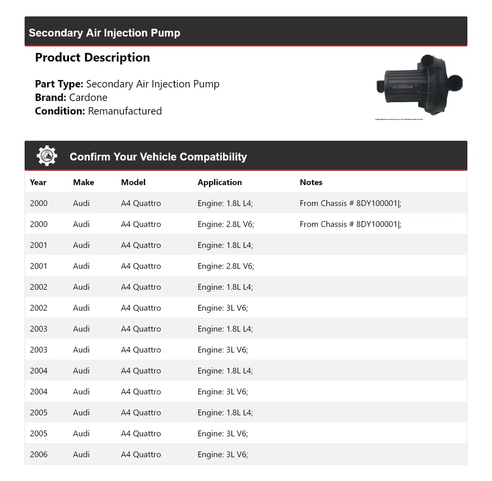 Bomba de inyección de aire secundaria Cardone 2001 2002 para Audi A4 Quattro 2000-2006 Foto 2 de 4