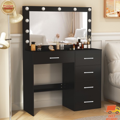 Black Dressing Table with LED Lighted Mirror 5 Drawers Large Vanity Makeup Desk - Picture 11 of 11