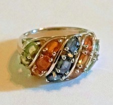 Blue, Orange, Green Sapphire Wide Band Ring Sterling Silver Sz. 8