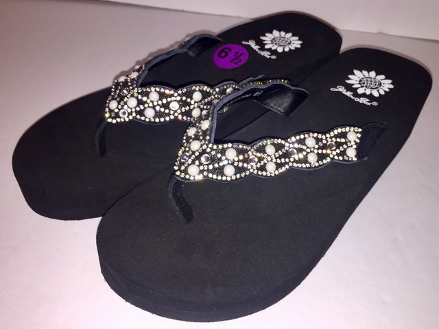 yellow box flip flops wedge