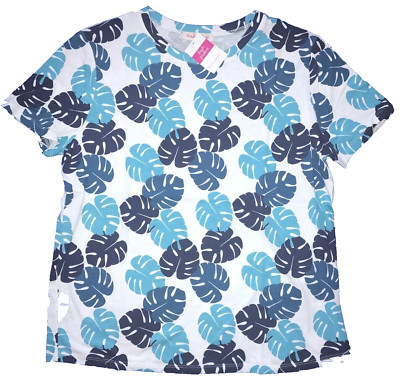 FRESH PRODUCE Medium white & Blue $49 tropic leaves Scoop Neck Tee Top NWT New M