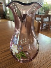 Pinkish/lavendar Glass Vase With Handpainted Flowers, possibly Fenton, no mark
