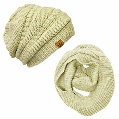 Wrapables Winter Warm Knitted Infinity Scarf and Beanie Hat Set, Beige ...