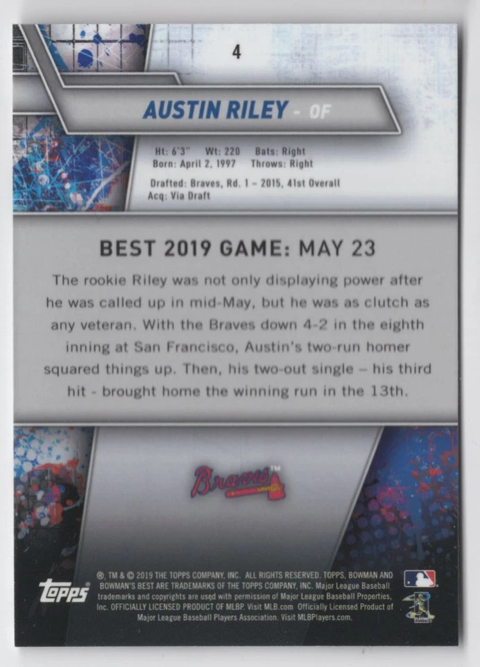 2019 Bowman's Best Austin Riley R115 Atlanta Braves #4 - Image 2 of 2
