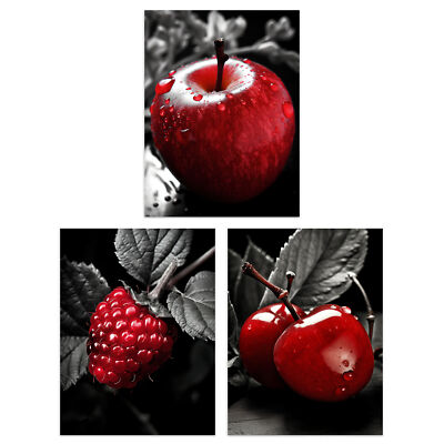 Red Apple Raspberry Cherry on Black White Kitchen Artwork Poster 3 Pack 12X16''