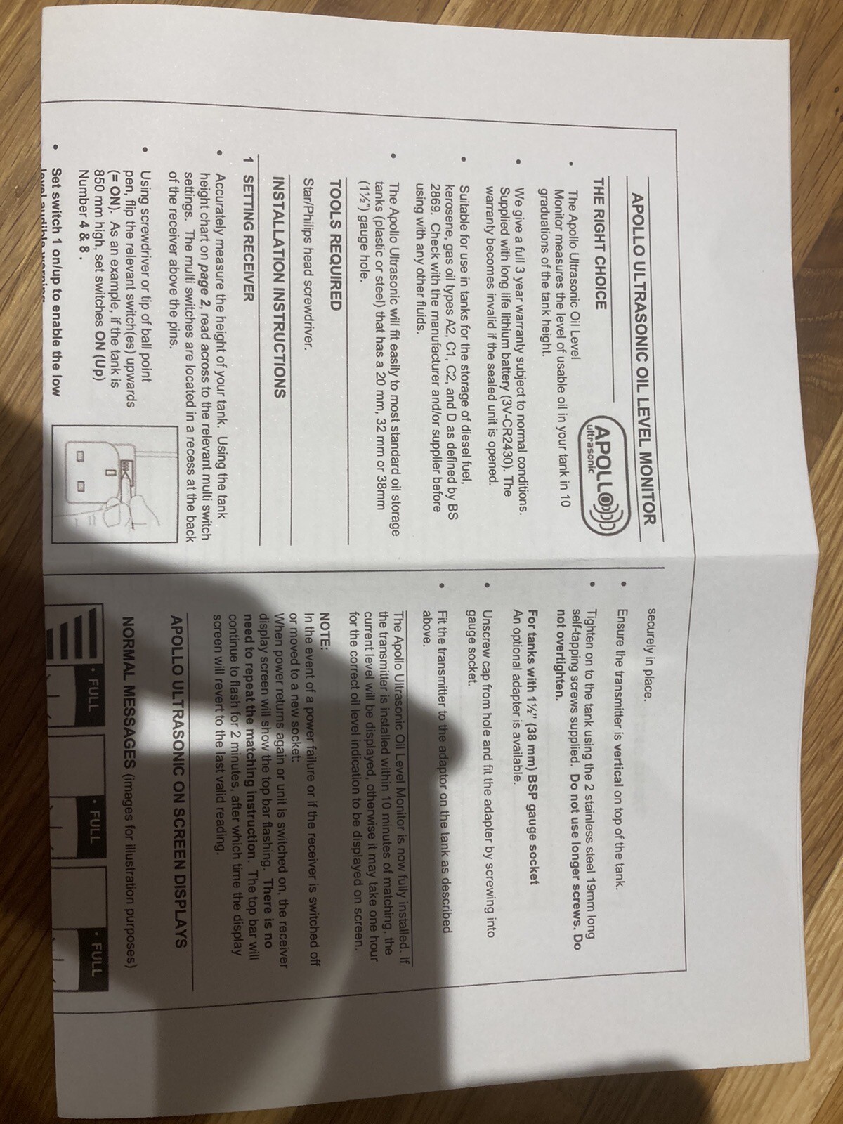 APOLLO/ Watchman Ultrasonic Oil Tank Level Monitor /Gauge( Used For 12