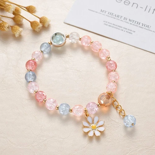 Colorful Crystal Beads Daisy Flower Lucky Bracelet Elastic Bangle Women Jewelry