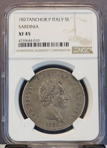 1827 ITALY SILVER 5 LIRE SARDINIA CARLO FELICE NGC XF 45 SCARCE HIGH GRADE