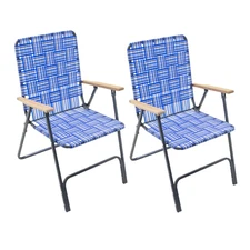 Garden Elements Steel Folding Grey Patio/Camping Chair w/Blue Woven Fabric, 2 Pk