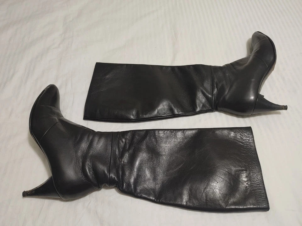 Costume National Size 7.5 (38) Women's Black Boots Leather Spike Heel Fold Over - Image 3 of 4