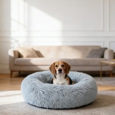Dog  Cat Bed 35in Calming Donut Bed Washable Soft Round Fluffy Pet Bed, Gray