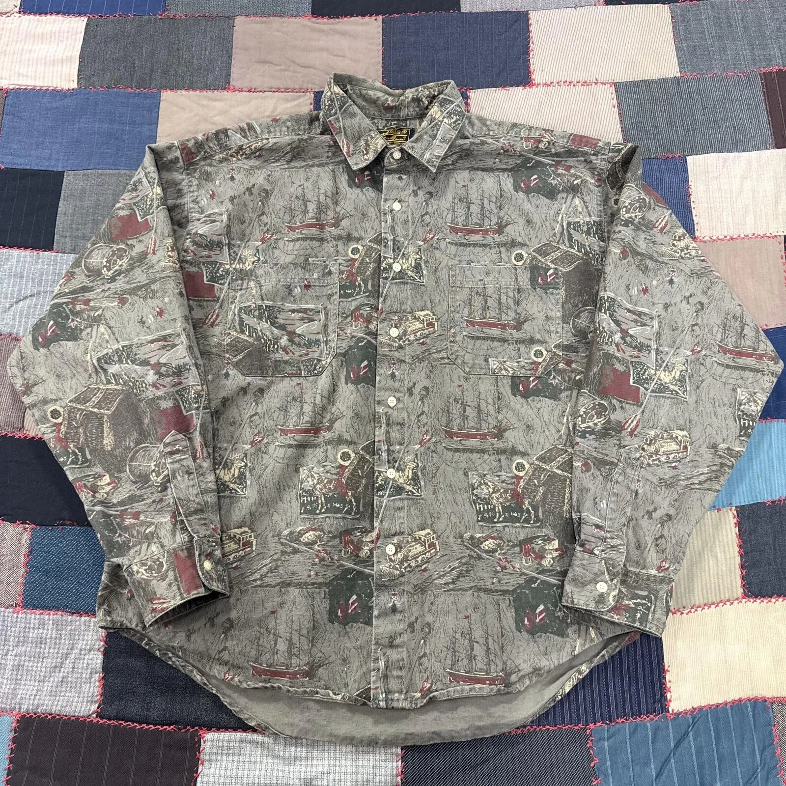 Vintage 90s Eddie Bauer Shirt Men's Transport Novelty Print Classic Outdoor - XL