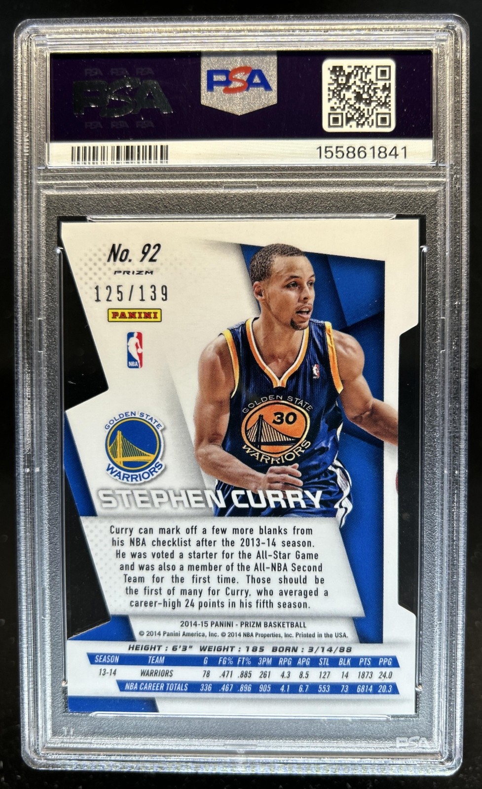 2014-15 Panini Prizm Stephen Curry Prizm Orange Die Cut #/139 Warriors PSA 9 view 2