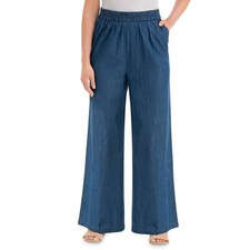Collections Etc Pull-On Denim Wide-Leg Pants with Elasticized Waist, Dark Denim,
