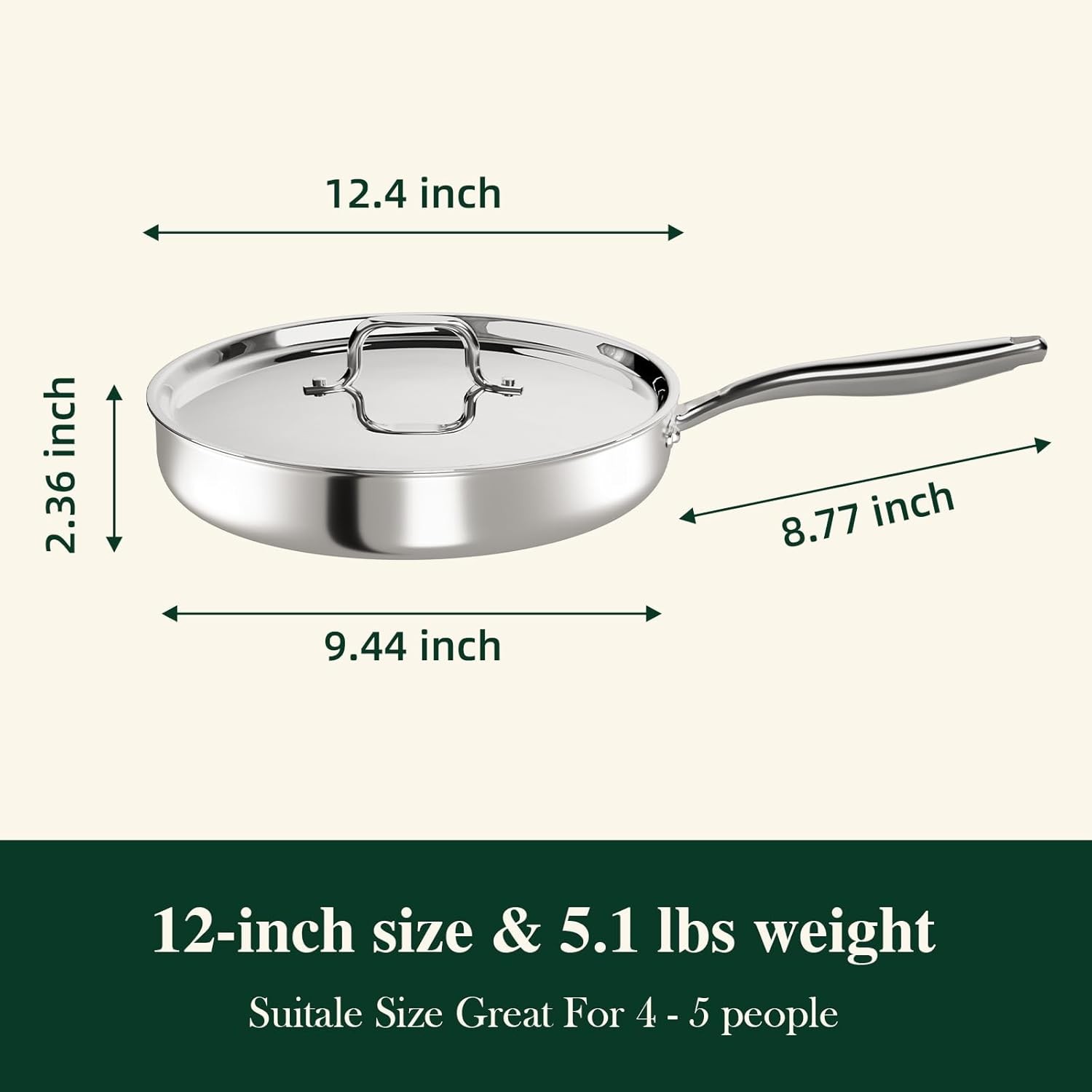 12 Inch Tri-Ply Stainless Steel Frying Pan, Frying Pan with Lid, PFOA/PTFE Free 