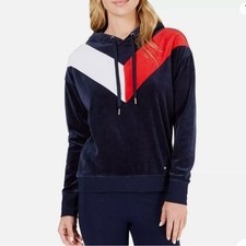 Tommy Hilfiger Sport Navy Velour Hoodie Red White Chevron Women's Small