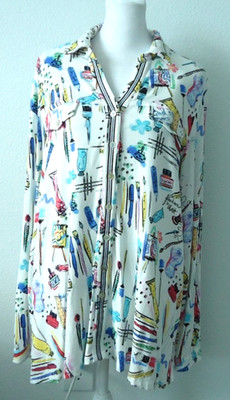 Ali Miles  Novelty Print Knit Point Collar Button-Front Tunic Size-M