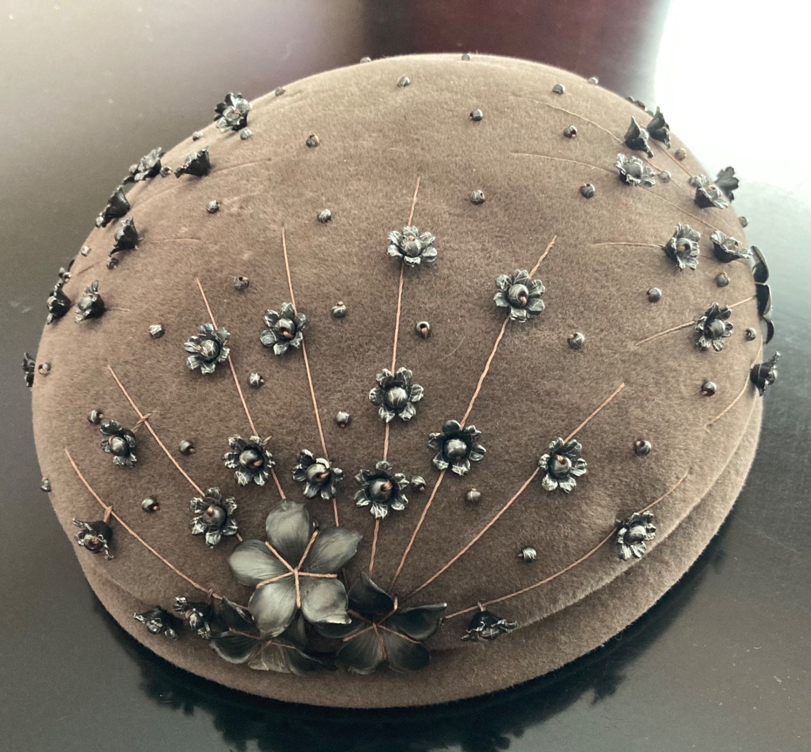 Fabulous Vintage Schiaparelli Paris Elaborately Beaded Grey Felt Hat 1950s