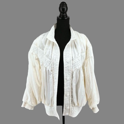 Vtg 80s Abraxas Women Crepe Pleated Windbreaker Jacket Medium Ivory Puff Sleeves - Picture 13 of 16
