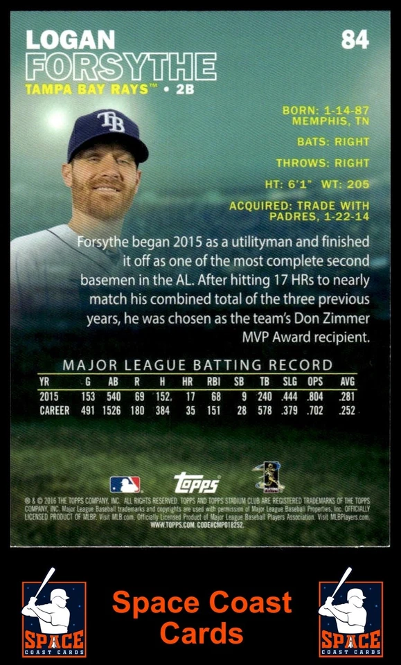 2016 Stadium Club #84 Logan Forsythe Gold Foil - Image 2 of 2