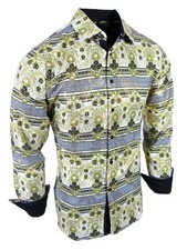 Mens Shirt White Italian Striped Floral Shiny Gold Foil Button Up Silky Stretch