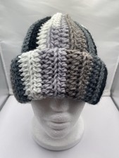 Handmade Crochet Beanie Grays/Black/Tan Colors Acrylic Yarn, Unisex Adult Size