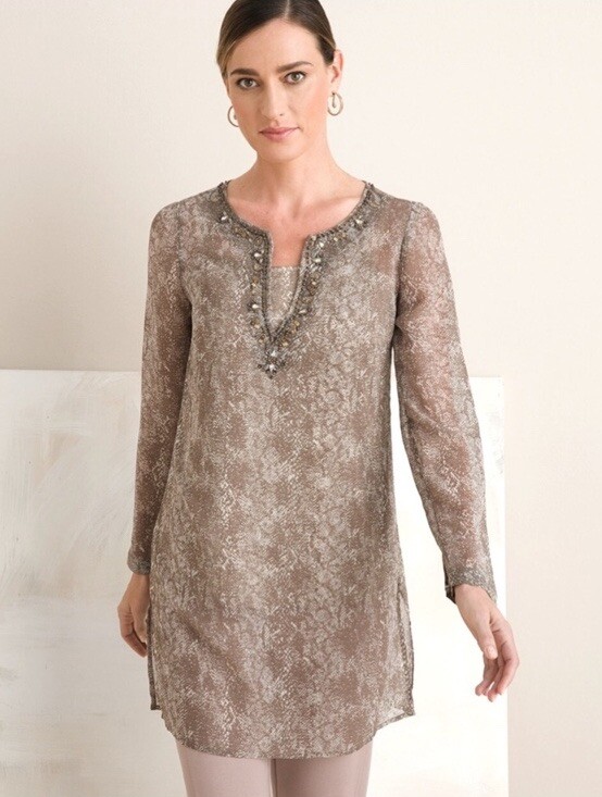 Chico’s Python Lined Semi Sheer Beaded Blouse Tun… - image 2
