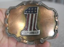 Vintage Harley Davidson #1 Logo Red Blue Stars & Stripes Flag Brass Belt Buckle