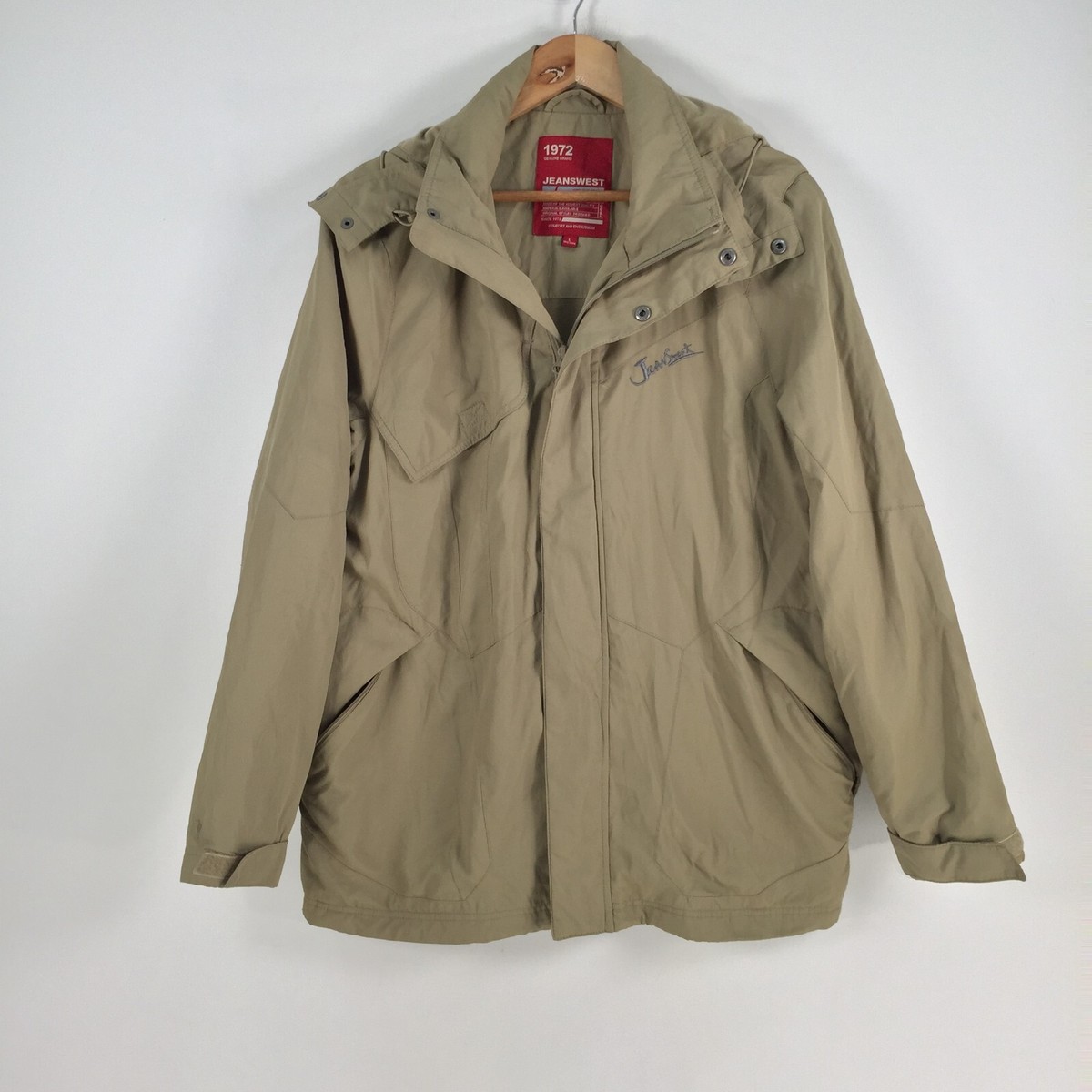 Jeanswest mens anorak windbreaker jacket size L beige hooded long