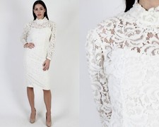 Vintage 80s Glamorous Wedding Dress Sheer White Floral Lace Simple Wiggle Mini