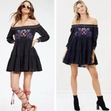 Free People Sunbeams Black Embroidered Off Shoulder Boho Festival Minidress XS