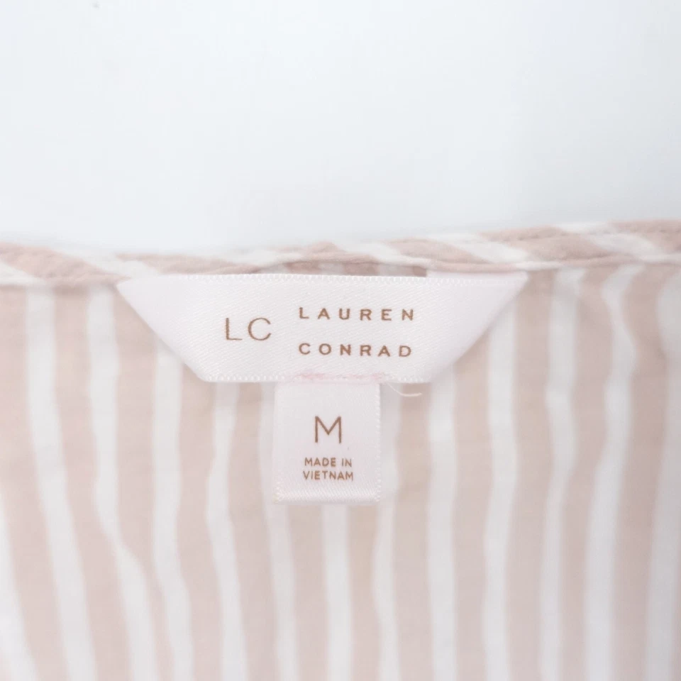 Blusa LC Lauren Conrad Mujer Mediana Rayas Elastizada Manga Campana Cuello Atado Top Foto 3 de 4