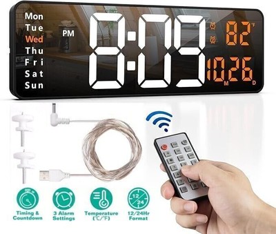 16'' Digital LED Desk Alarm Clock Large LCD Display Wall Clock Remote Date Timer