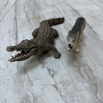 Set Of 2 Schleich Animals Wolf Versus Crocodile Pretend Play Who Would Win?