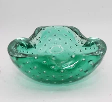 Art Glass Bowl or Ashtray Teal Blue Bulicante Controlled Bubbles Smooth Pontil