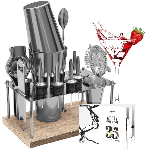 Relaxdays Cocktail Set, 16 Accessories for Barman Kit Bar, Stand