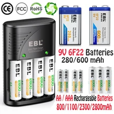EBL AA AAA 9V Rechargeable Batteries / AA AAA 9V NiMH NiCD Optional Charger LOT
