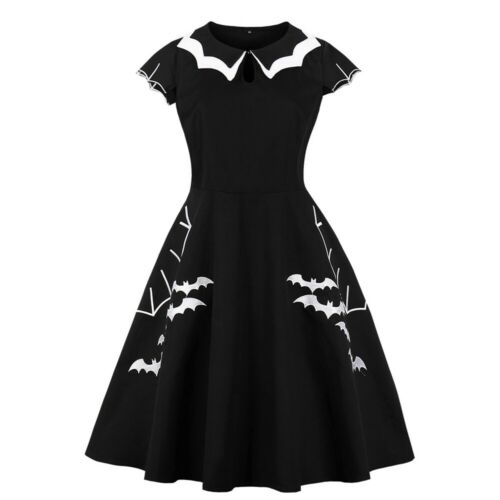 Women Halloween Retro Dress Elegant Print Bat Vintage Evening Party Mini Dress - Picture 1 of 5