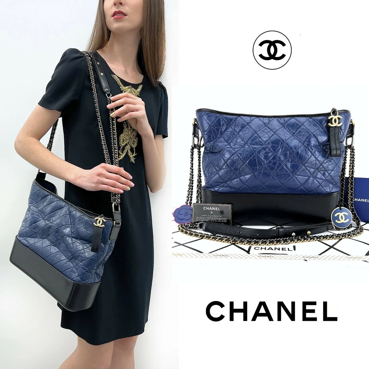 Authentic Chanel Gabrielle Dark Blue Double Zip Clutch Chain Aged Crossbody  Bag