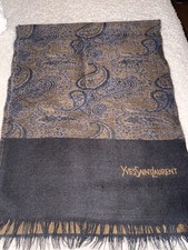 Vintage Yves Saint Laurent Paisley Fringe Scarf Wool Blend Brown Blue YSL Wrap